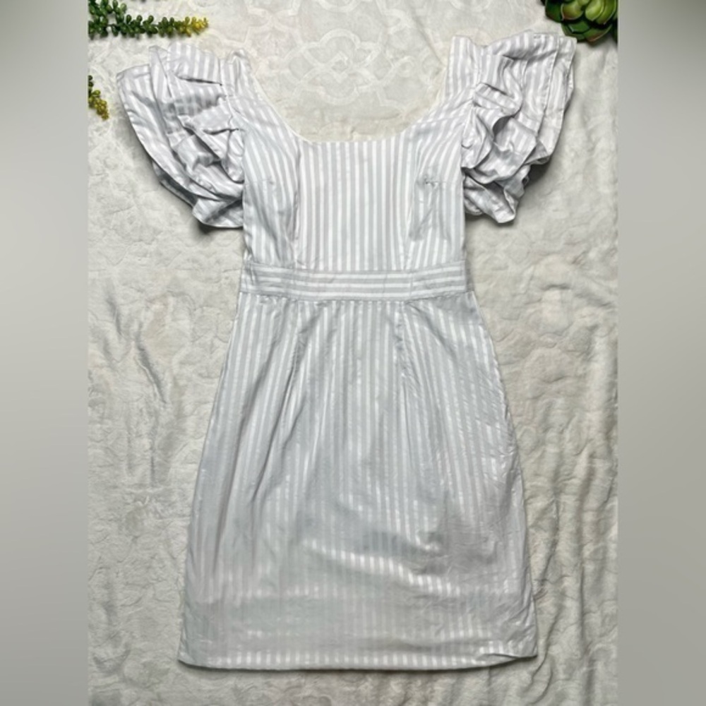 Kirribilla Ruffle Sleeve 100% Cotton White Gray Striped Mini Dress Size 4